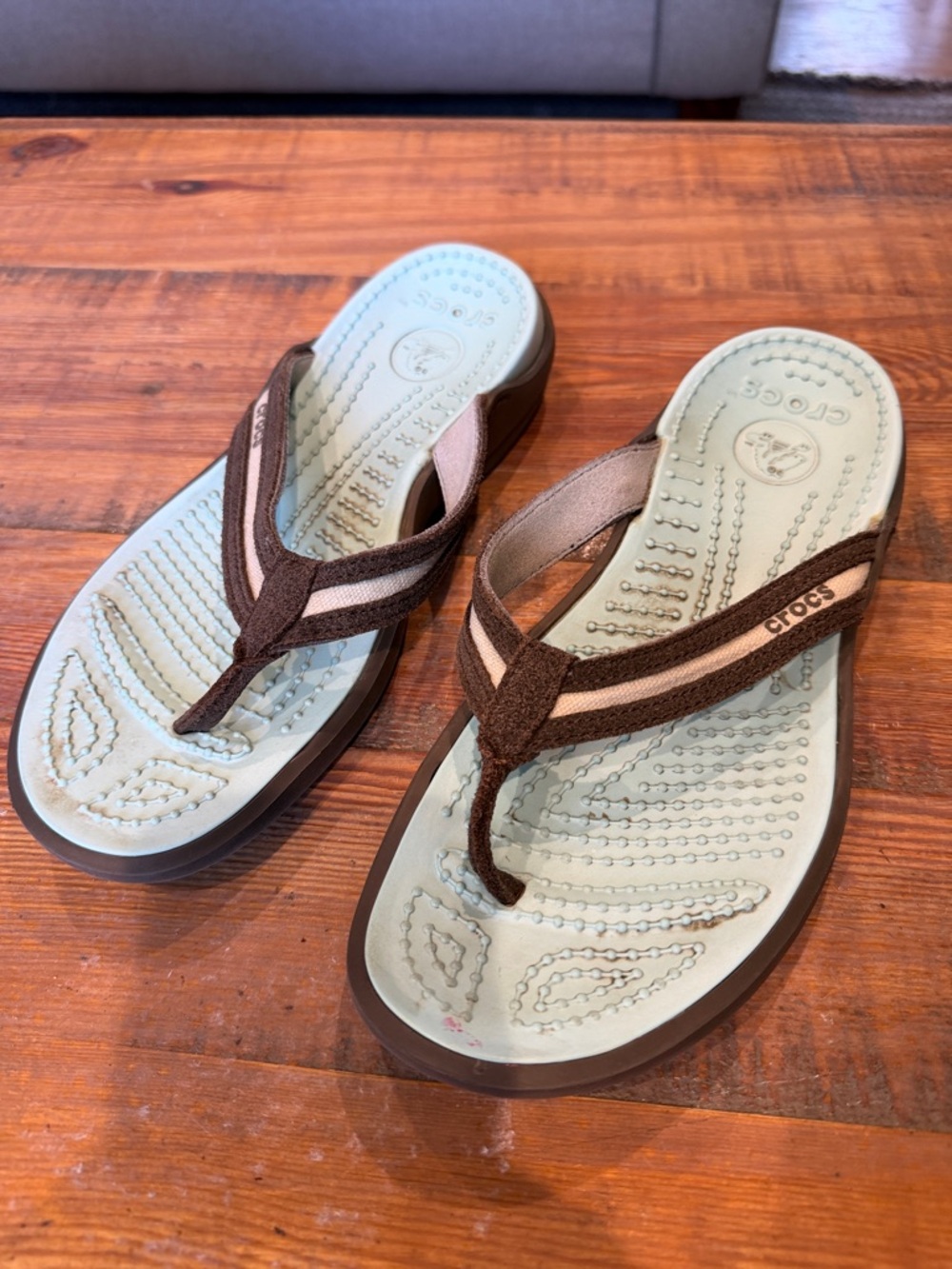 CROCS Light Aqua Footbed Brown Strap Women's Flip Flops